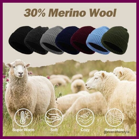 Oversized Merino Wool Beanie Fleece Lined Winter Hat Unisex Ski Skull Cap